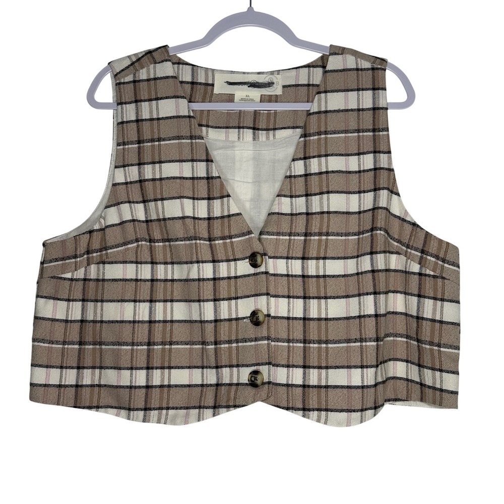 Treasure & Bond Womens XL Plaid Cropped Button Front‎ Vest Tan White Black Pink